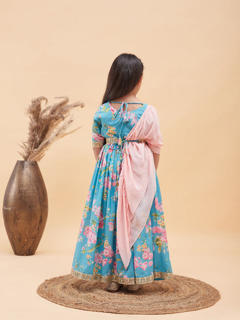 Vastramay Girl's Aqua Blue Floral Print Lehenga Set